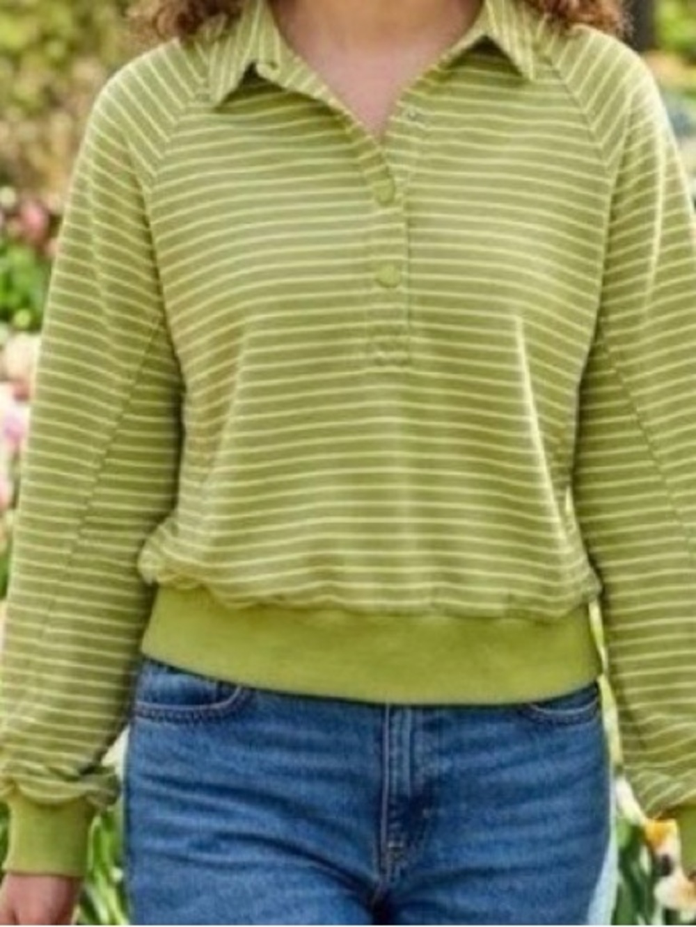 Umgee Light Green Striped Polo-Style Sweatshirt. SU1